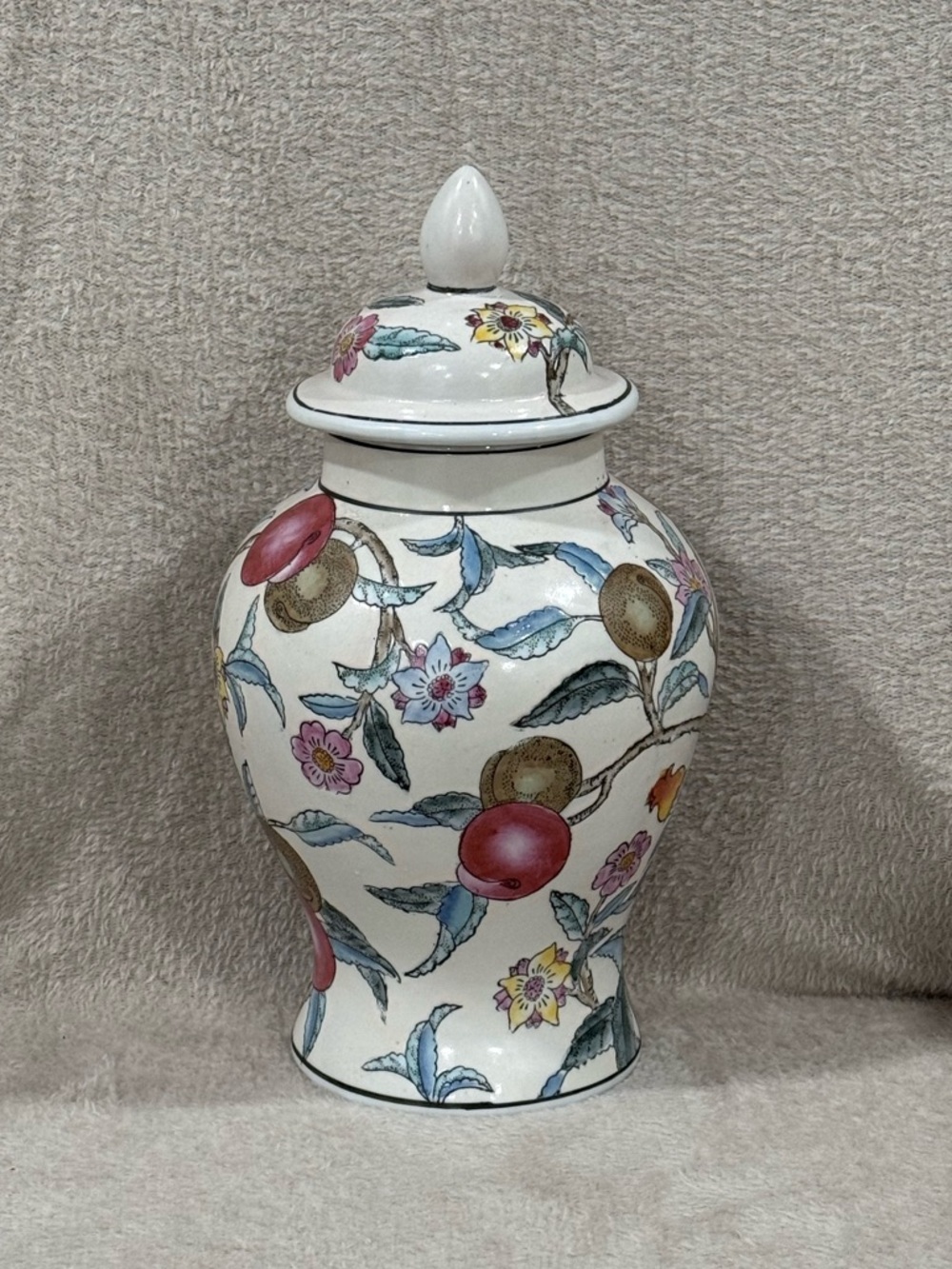 Vintage WBI Chinese Hand-Painted Porcelain Ginger Jar with Peaches &Floral Motif